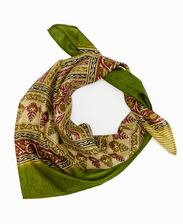 green vintage silk square scarf featuring stripes and paisleys created using sustainably sourced saris
