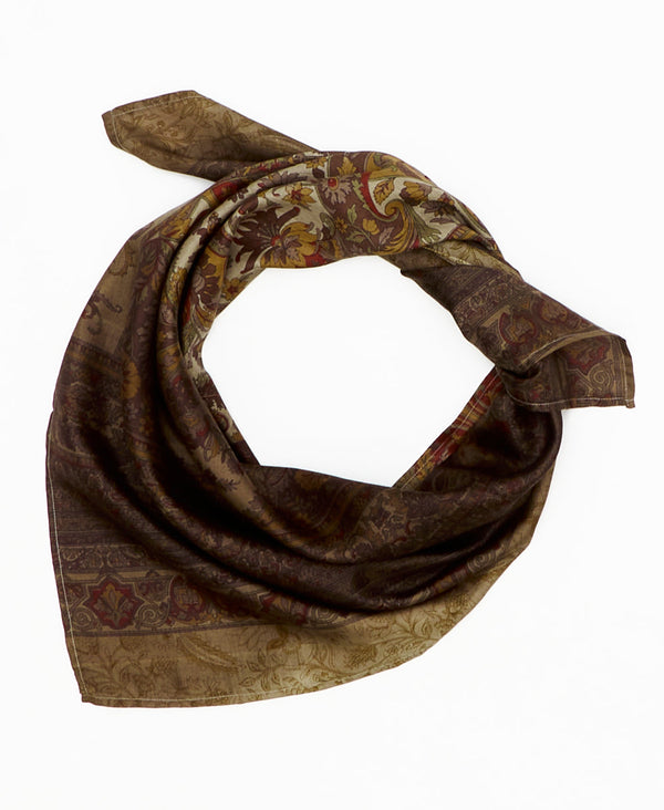 brown vintage silk square scarf featuring paisleys and traditional patterns created using sustainably sourced saris