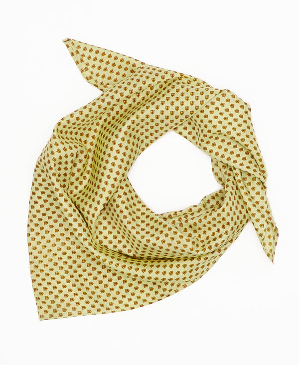 yellow vintage silk square scarf featuring small geometric shapes created using sustainably sourced saris