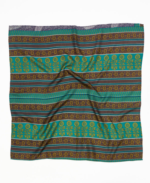Teal and brown striped vintage silk square scarf handmade by women artisans using upcycled saris