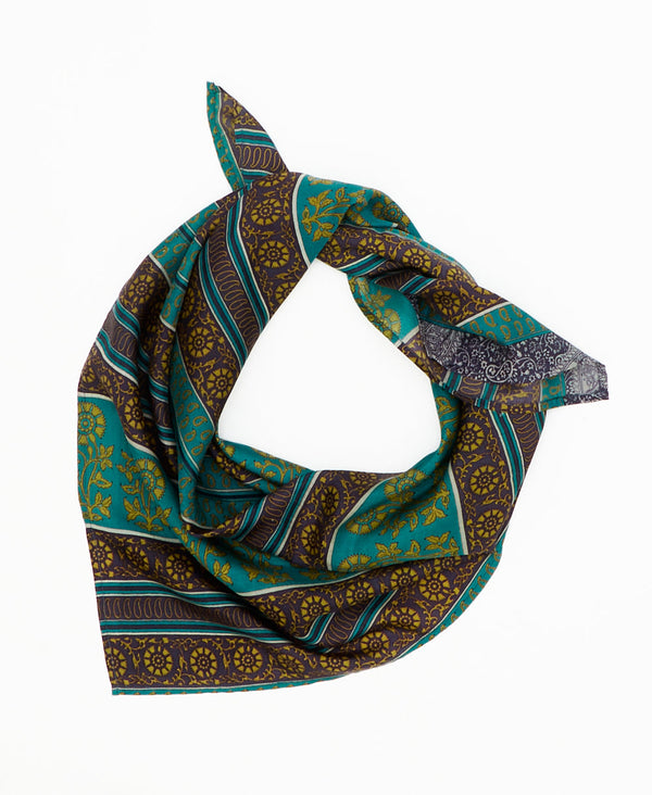 teal and brown vintage silk square scarf featuring stripes and flowers created using sustainably sourced saris