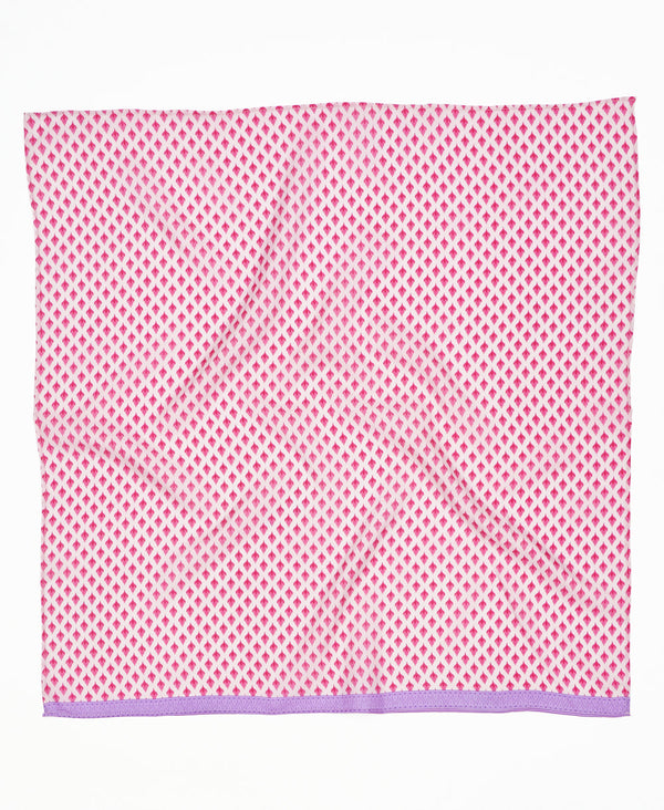 Pink and purple geometric vintage silk square scarf handmade by women artisans using upcycled saris