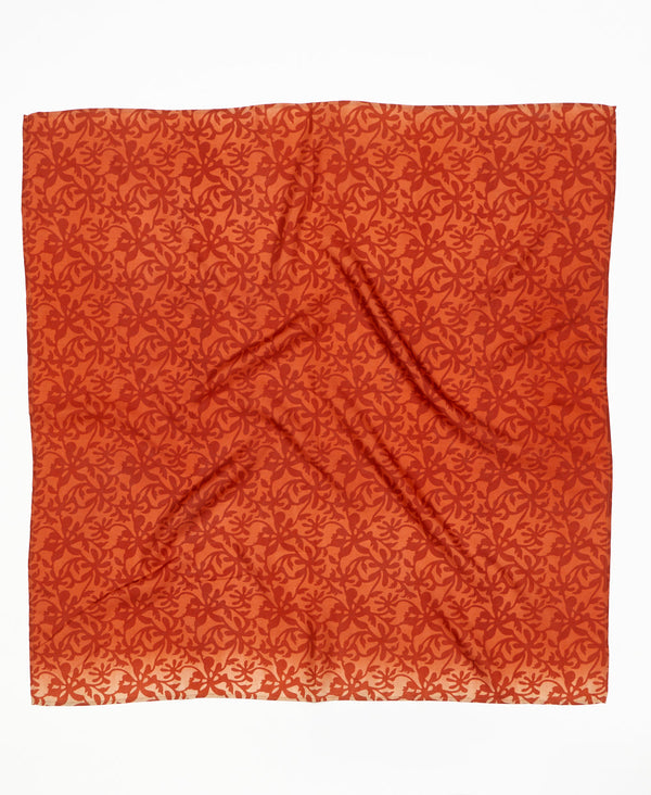 Vibrant orange floral vintage silk square scarf handmade by women artisans using upcycled saris