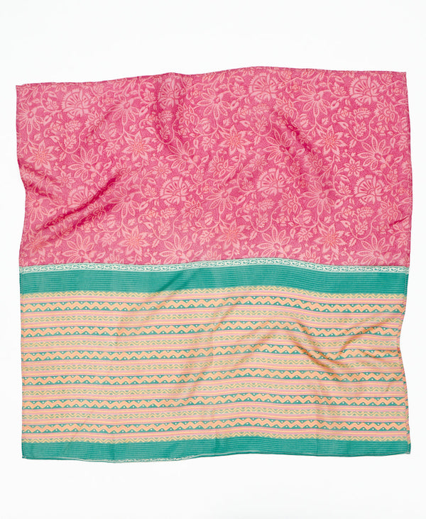 Pink and teal floral striped vintage silk square scarf handmade by women artisans using upcycled saris