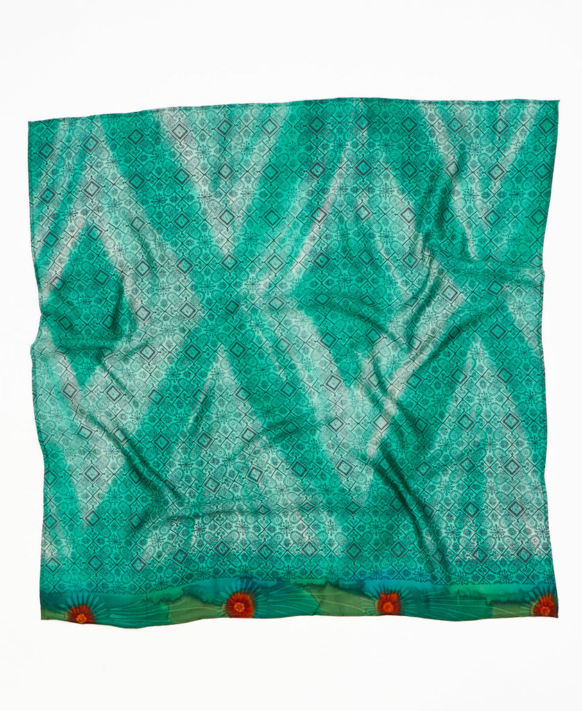 Teal geometric vintage silk square scarf handmade by women artisans using upcycled saris