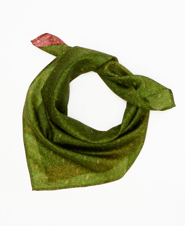 green vintage silk square scarf featuring pink paisleys created using sustainably sourced saris