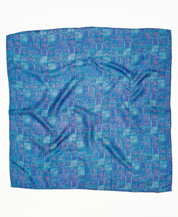Blue geometric vintage silk square scarf handmade by women artisans using upcycled saris