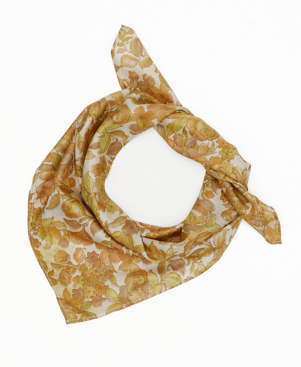 white vintage silk square scarf featuring green and yellow flowers created using sustainably sourced saris