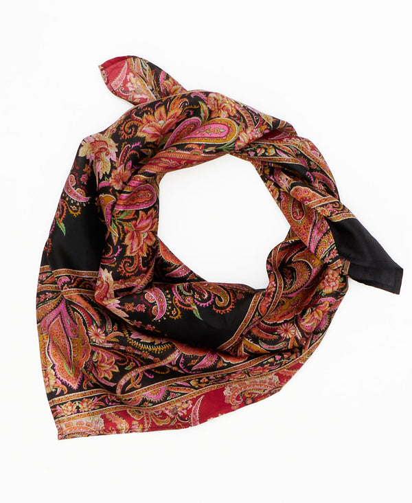 black vintage silk square scarf featuring bright colored paisleys created using sustainably sourced saris