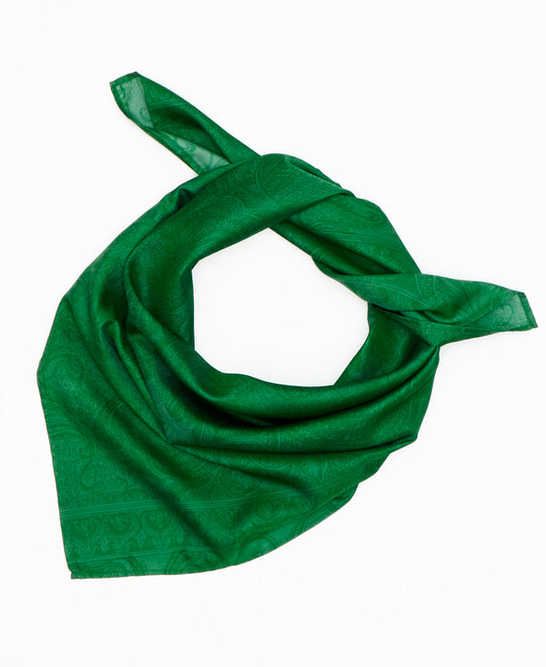 green vintage silk square scarf featuring traditional patterns created using sustainably sourced saris