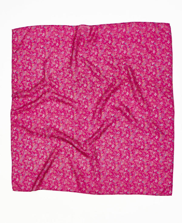Magenta floral vintage silk square scarf handmade by women artisans using upcycled saris