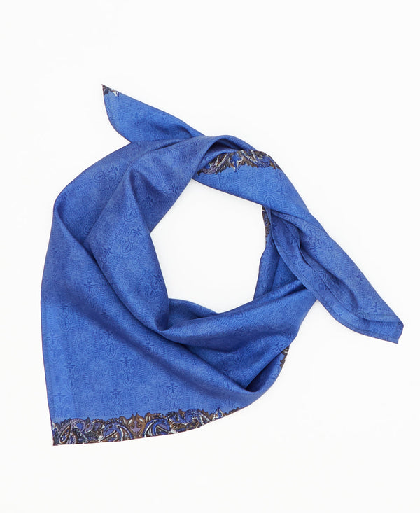 blue vintage silk square scarf featuring geometric flowers created using sustainably sourced saris