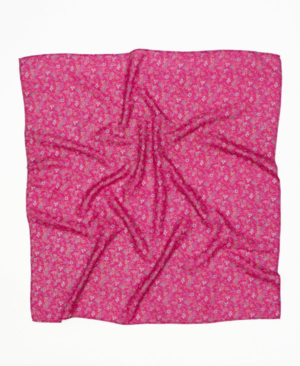 Magenta pink floral vintage silk square scarf handmade by women artisans using upcycled saris