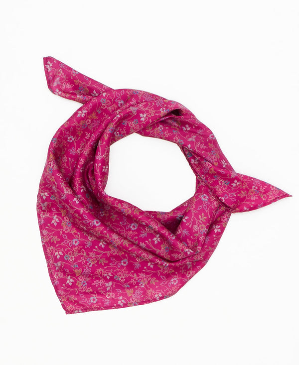 magenta vintage silk square scarf featuring small flowers created using sustainably sourced saris