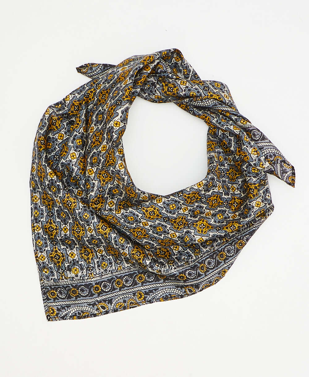 vintage silk square scarf featuring mustard and black geometric created using sustainably sourced saris