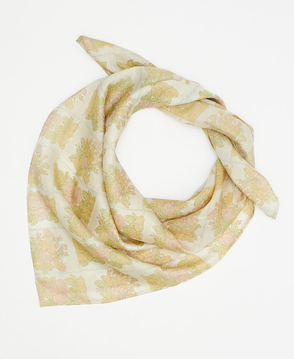 silk bandana scarf in ivory with pale pink and pastel green floral print handmade from upcycled saris