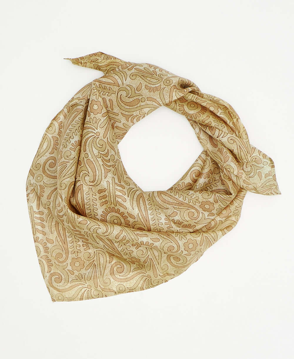 vintage silk square scarf featuring beige paisley created using sustainably sourced saris