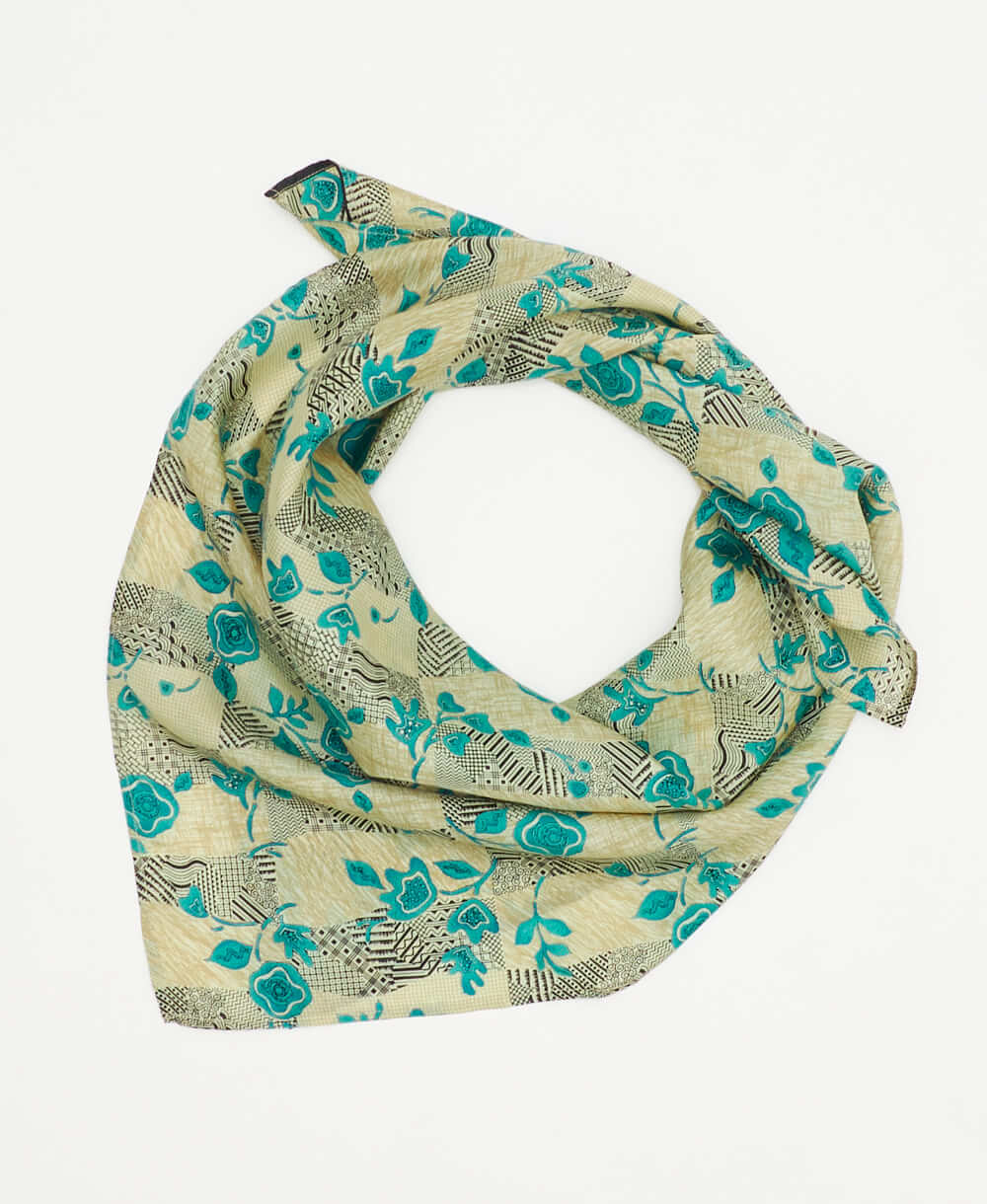 vintage silk square scarf featuring beige and blue geometric floral created using sustainably sourced saris