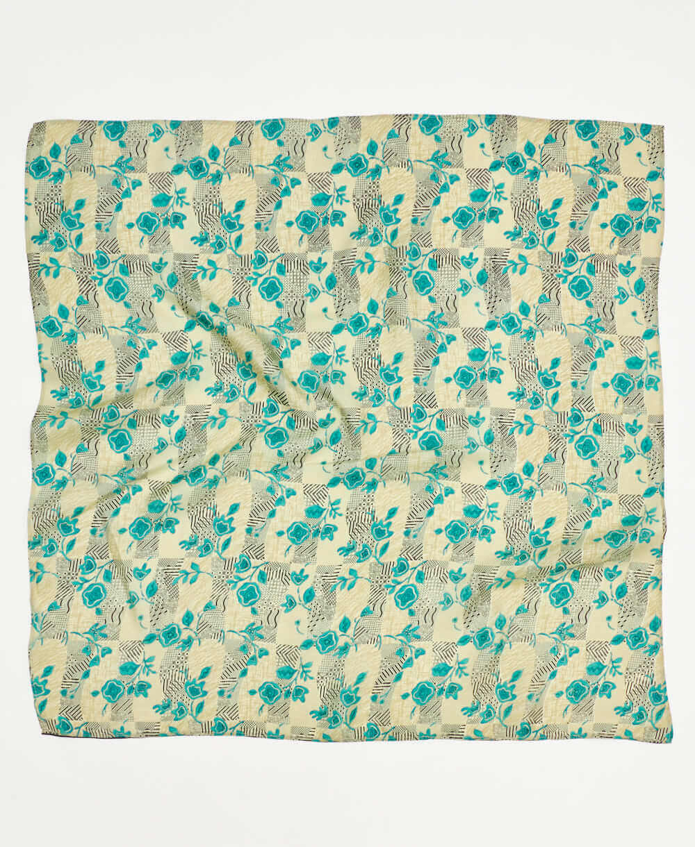 Beige and blue geometric floral vintage silk square scarf handmade by women artisans using upcycled saris