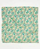 Beige and blue geometric floral vintage silk square scarf handmade by women artisans using upcycled saris