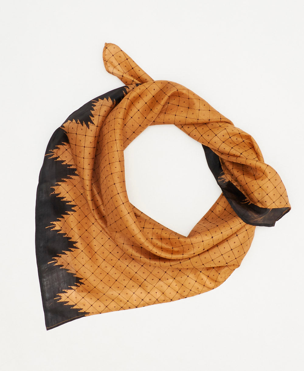 vintage silk square scarf featuring orange and black diaomnd print  created using sustainably sourced saris