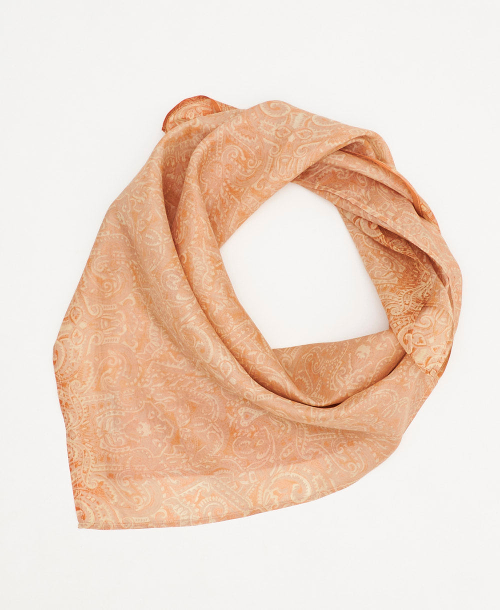 vintage silk square scarf featuring orange paisley  created using sustainably sourced saris