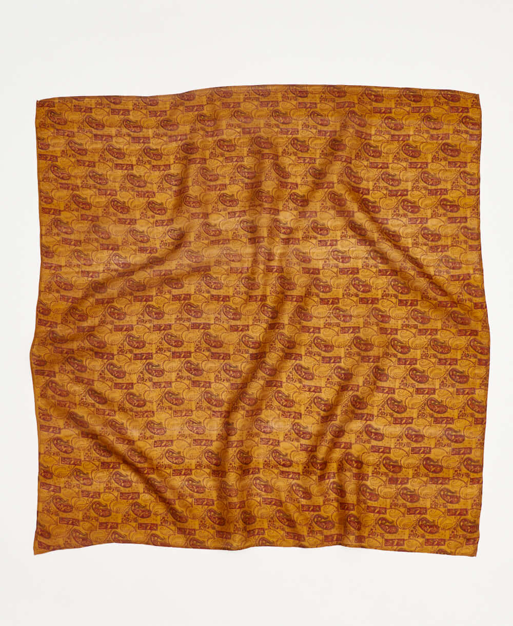 burnt orange paisley vintage silk square scarf handmade by women artisans using upcycled saris