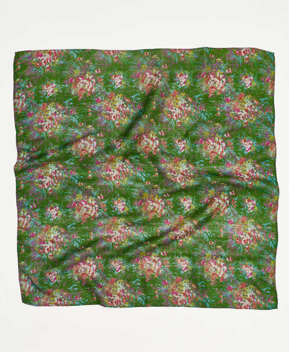 Green watercolor floral  vintage silk square scarf handmade by women artisans using upcycled saris