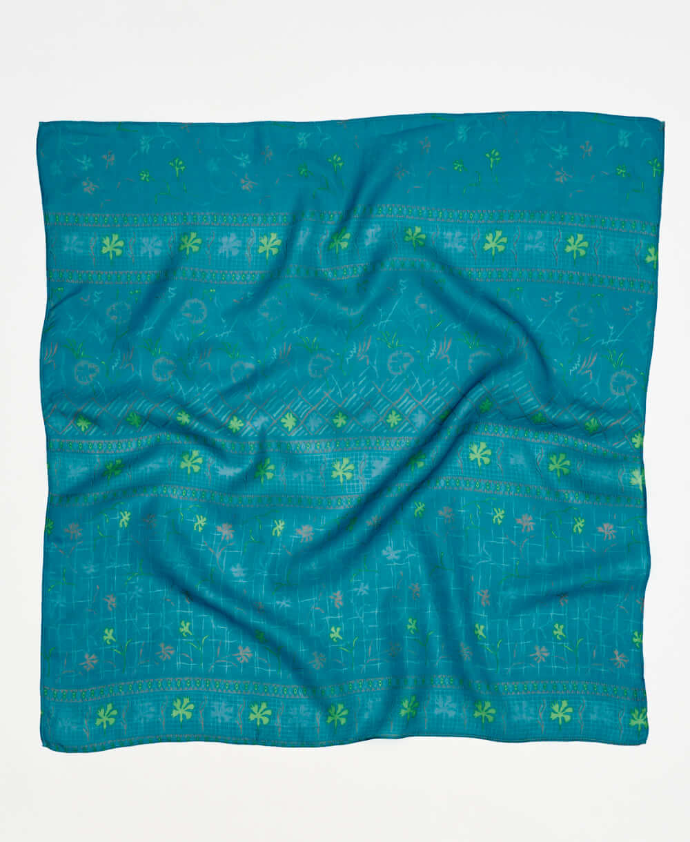 bright blue and green floral  vintage silk square scarf handmade by women artisans using upcycled saris