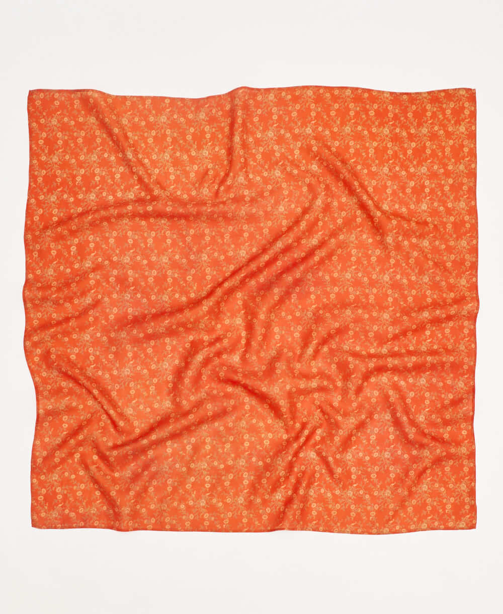 Orange and yellow floral vintage silk square scarf handmade by women artisans using upcycled saris