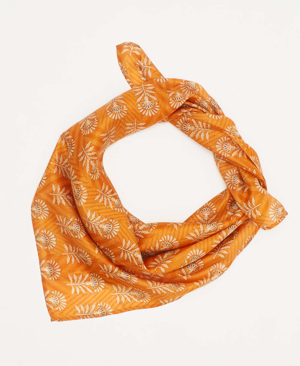 vintage silk square scarf featuring orange and white stamp floral  created using sustainably sourced saris