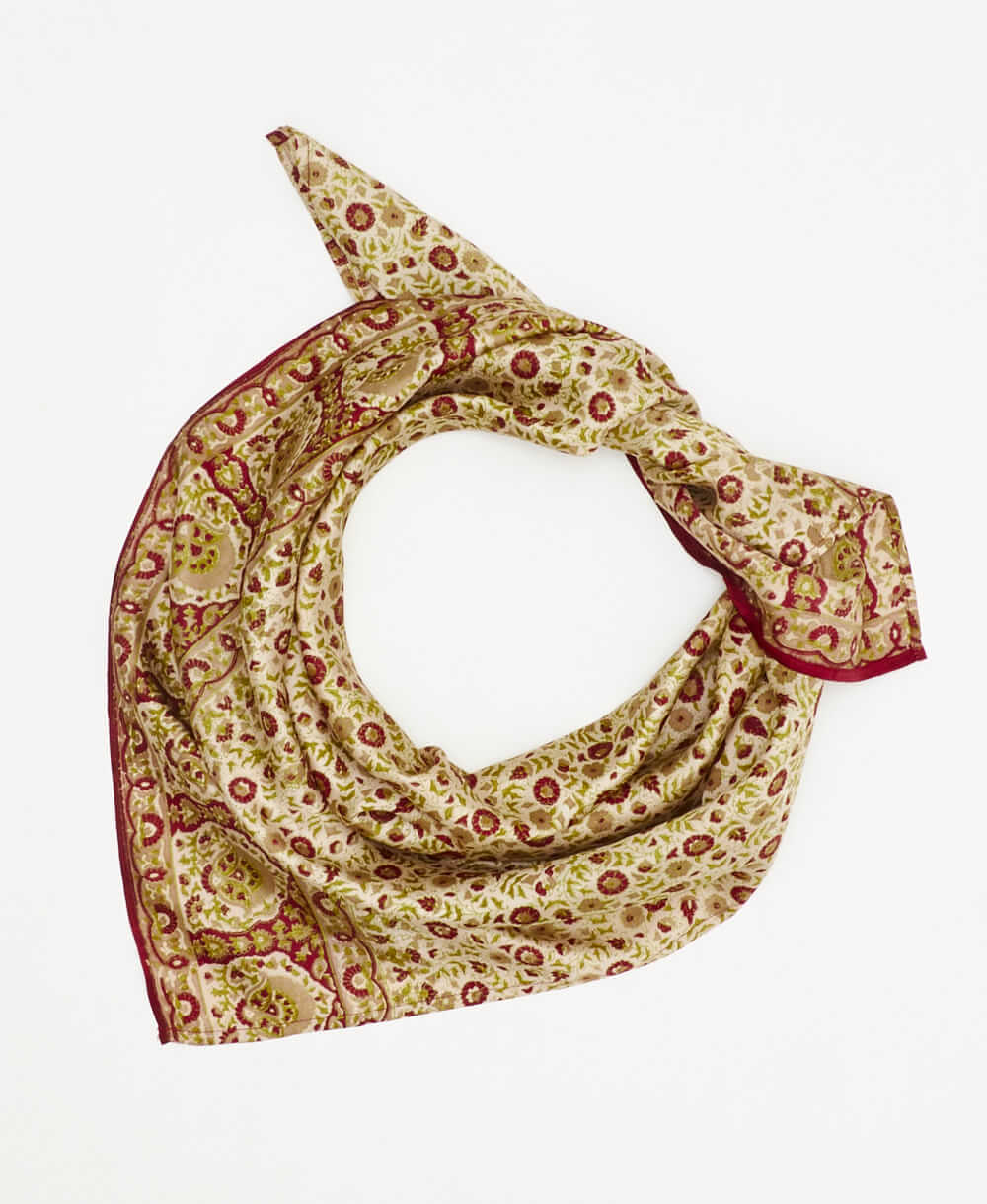 vintage silk square scarf featuring a burgundy and cream paisley floral pattern created using sustainably sourced saris