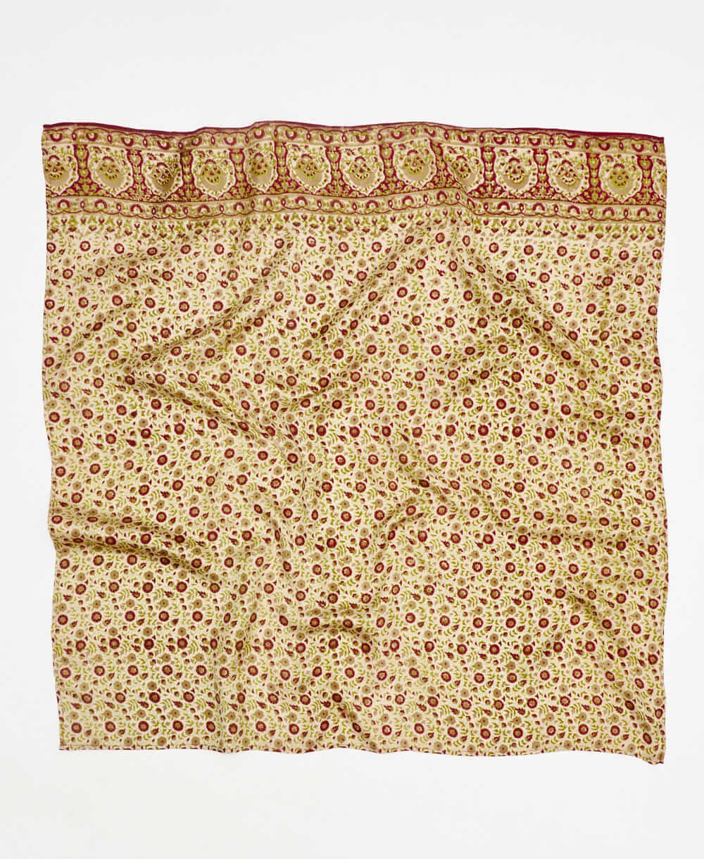 burgundy and cream paisley floral  vintage silk square scarf handmade by women artisans using upcycled saris