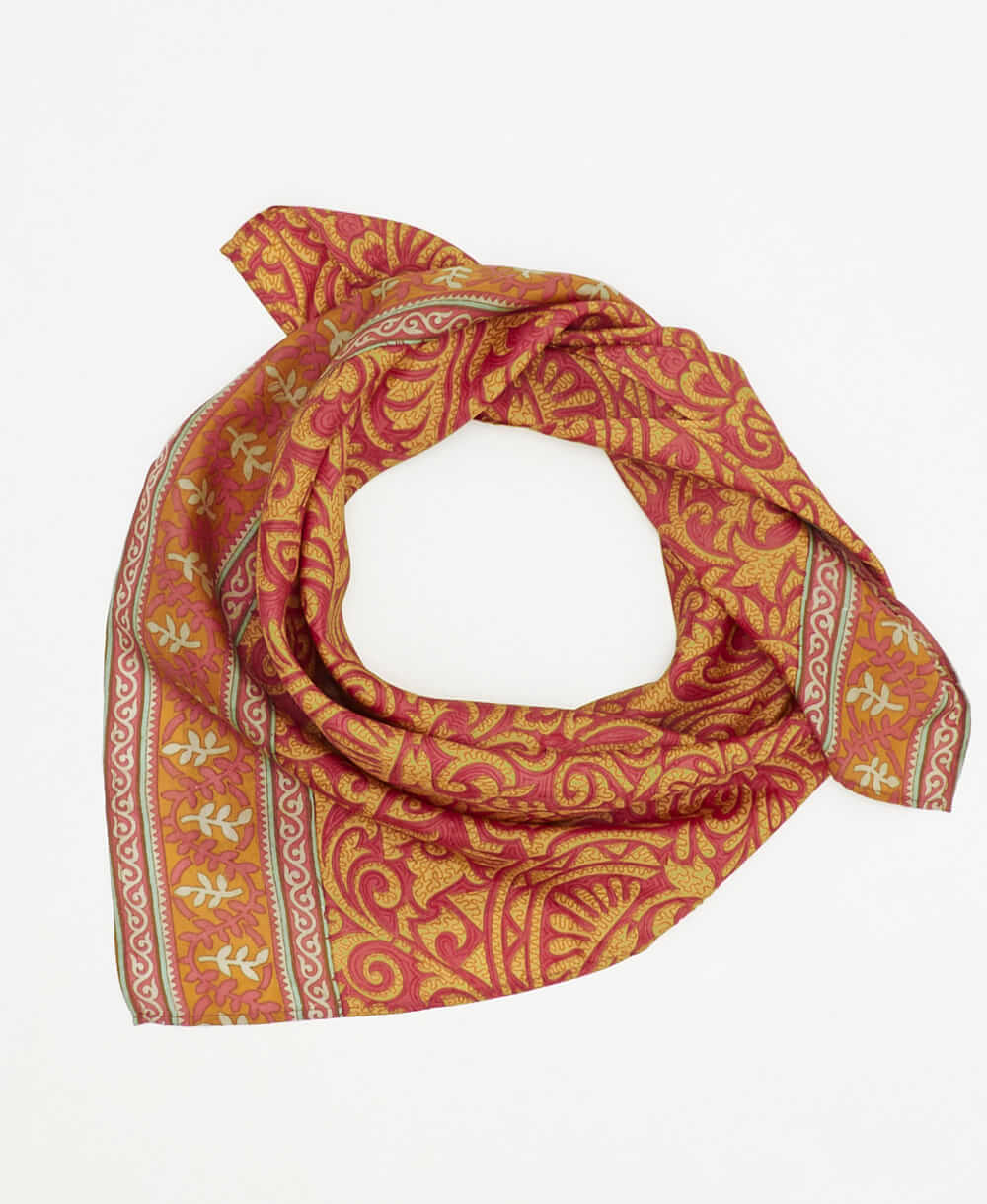 vintage silk square scarf featuring an orange and red abstract pattern created using sustainably sourced saris