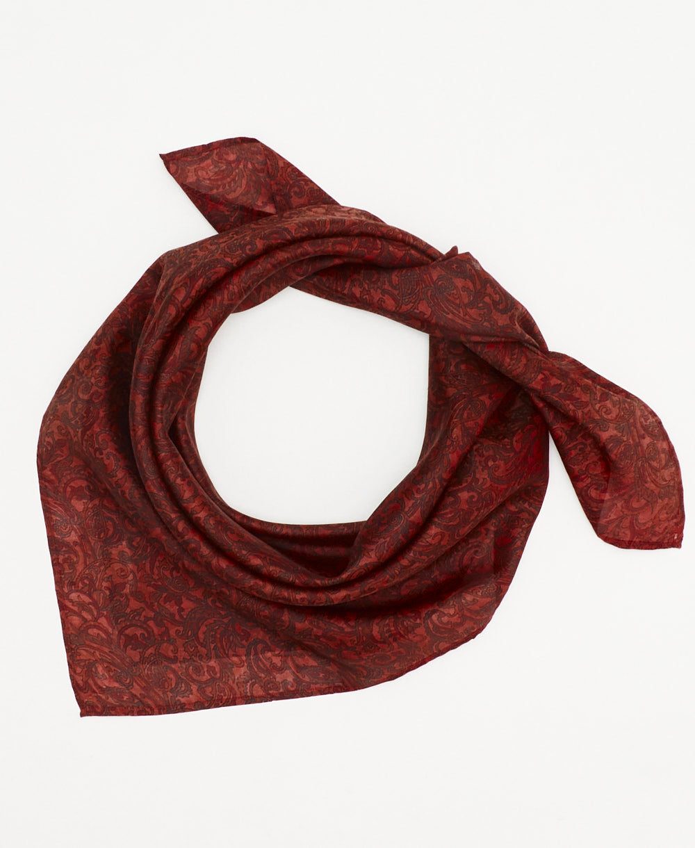 vintage silk square scarf featuring burgundy paisley created using sustainably sourced saris