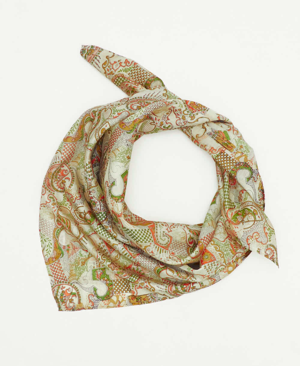 vintage silk square scarf featuring an orange and green geometric paisley pattern created using sustainably sourced saris