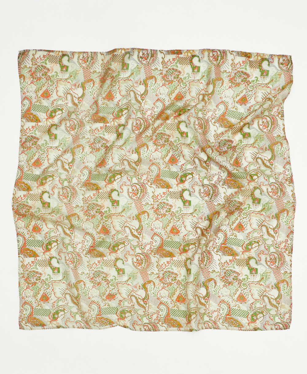 orange and green geometric paisley pattern vintage silk square scarf handmade by women artisans using upcycled saris