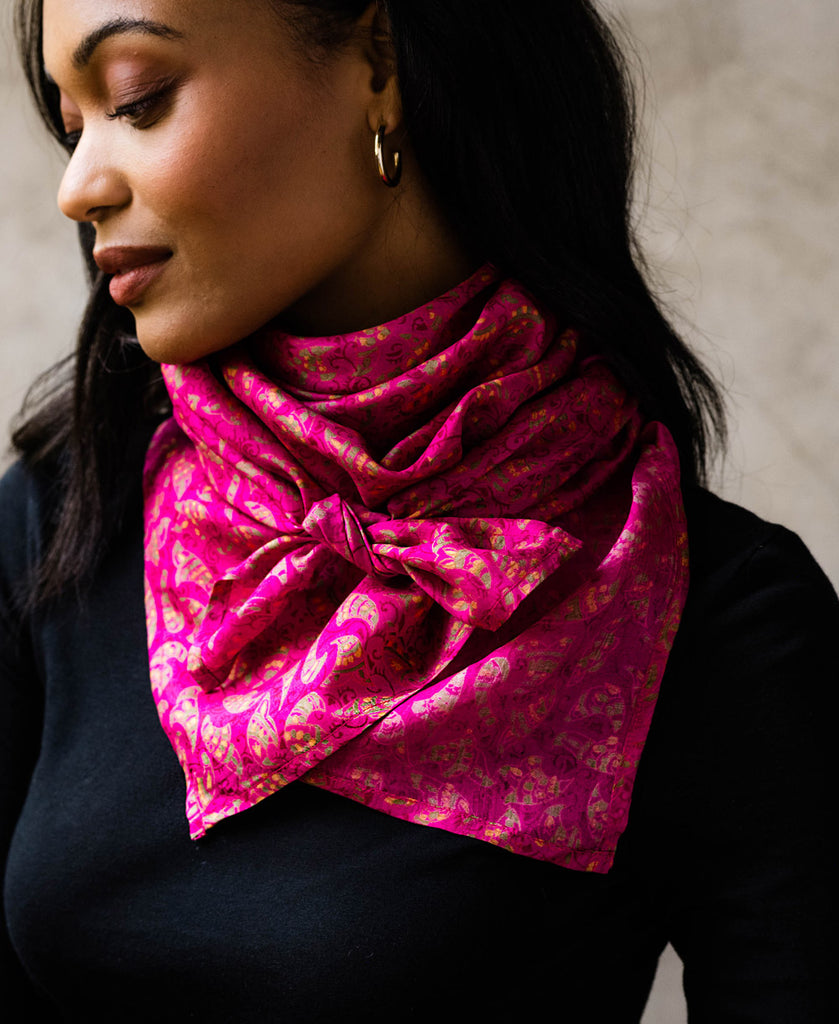 oversized hot pink silk scarf handmade from eco-friendly up-cycled silk saris in India by a woman artisan