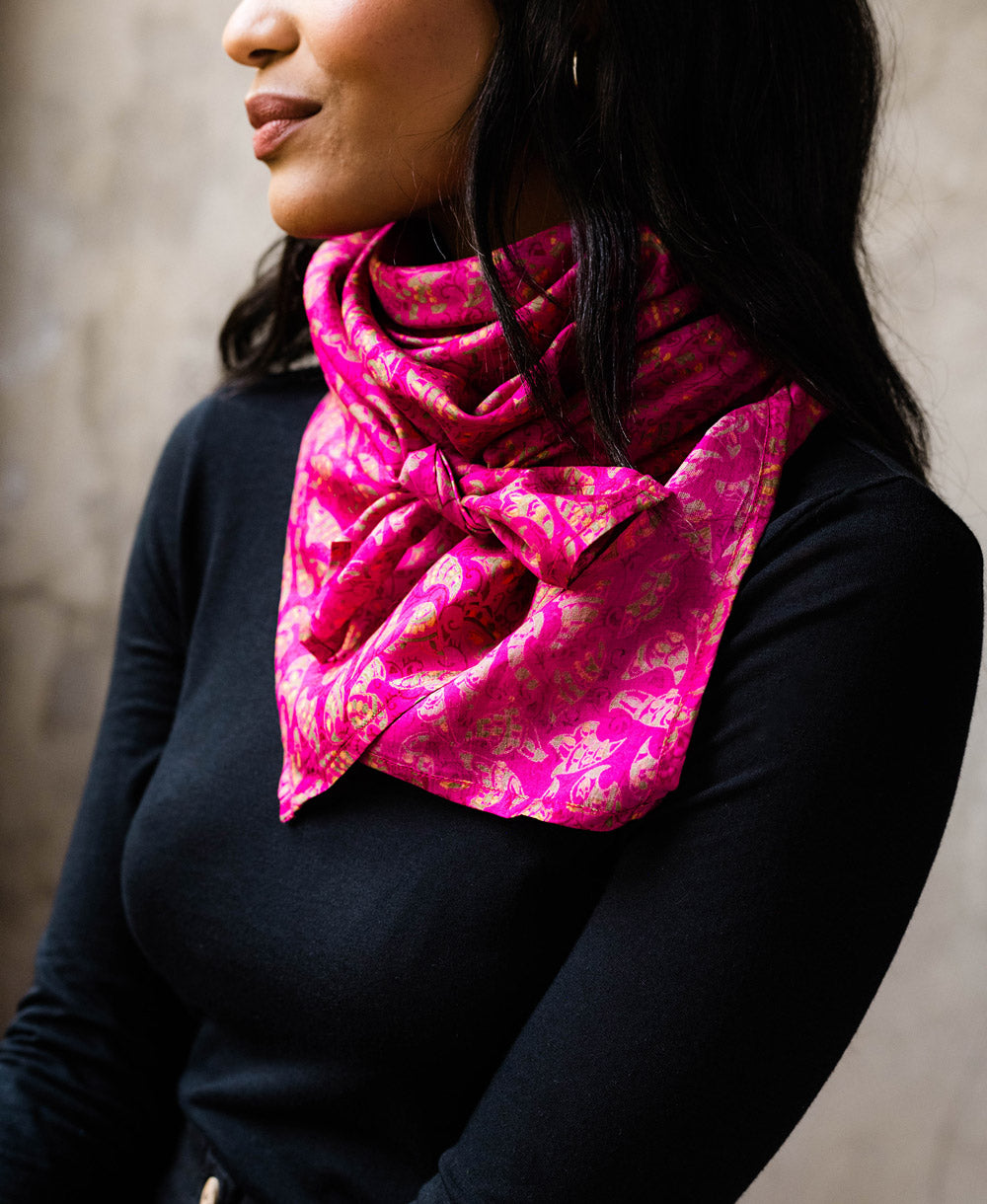 vintage silk scarf in hot pink floral handmade in India