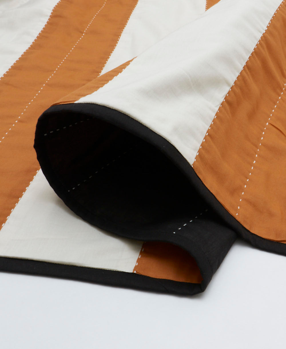 lightweight quilt in solid black on back and white & brown on front | handmade modern kantha quilt