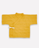 mustard yellow baby top in wrap style tie front with wide 3/4 length bell sleeves