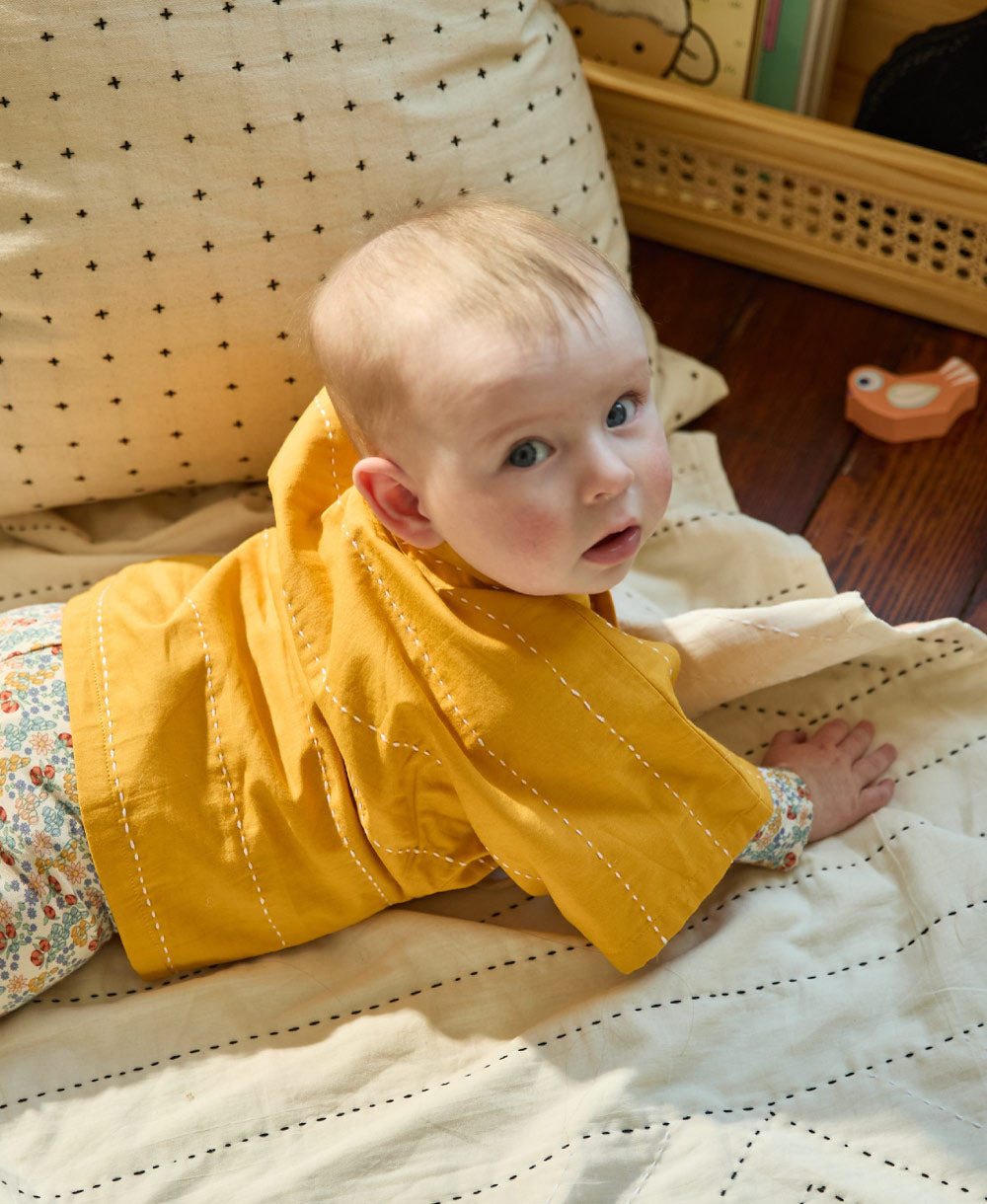 embroidered baby wrap top in mustard yellow in kimono silhouette handmade in India