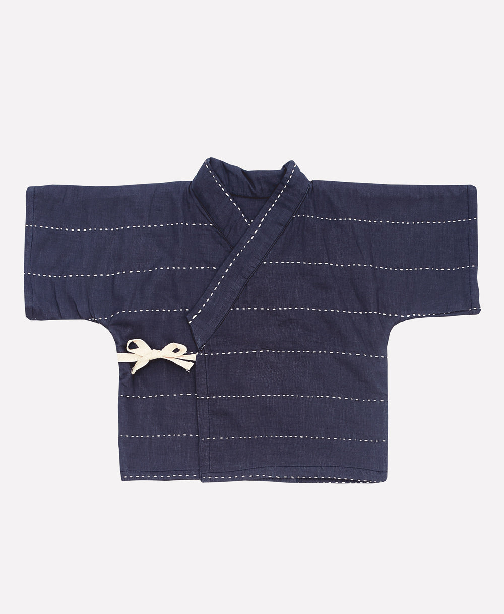 navy blue 100% organic cotton baby top with kimono tie front and horizontal white kantha embroidery