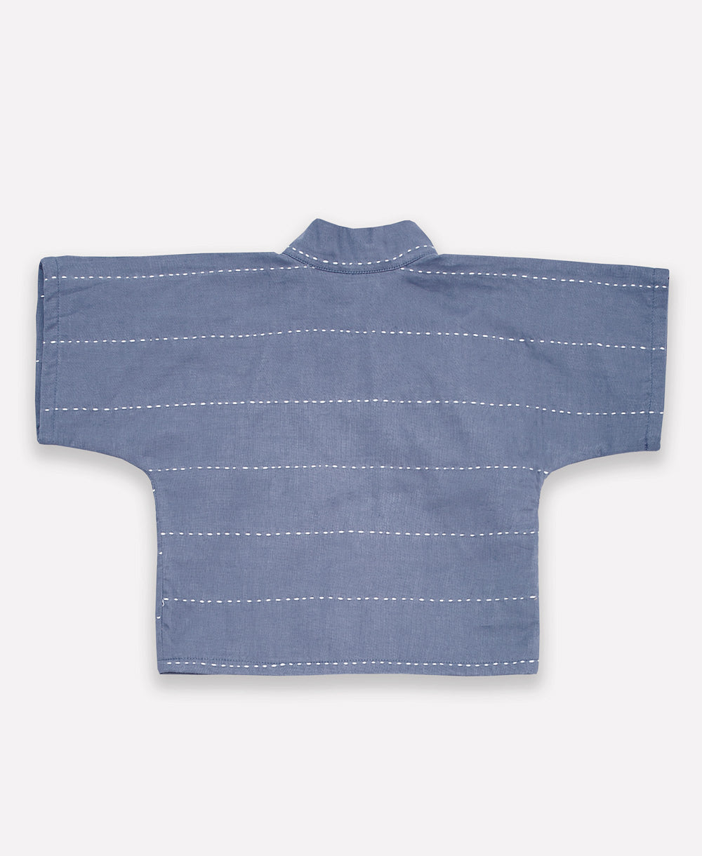 slate blue wrap baby top with simple white embroidery crafted from 100% organic cotton in India