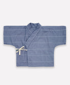 kimono-style baby wrap top in slate blue with tie front closure and simple embroidery