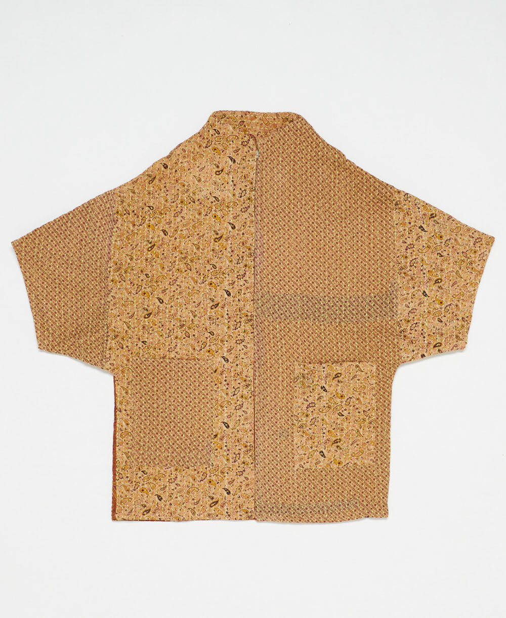 one-of-a-kind cocoon light tan paisley quilted jacket made from upcycled vintage cotton saris