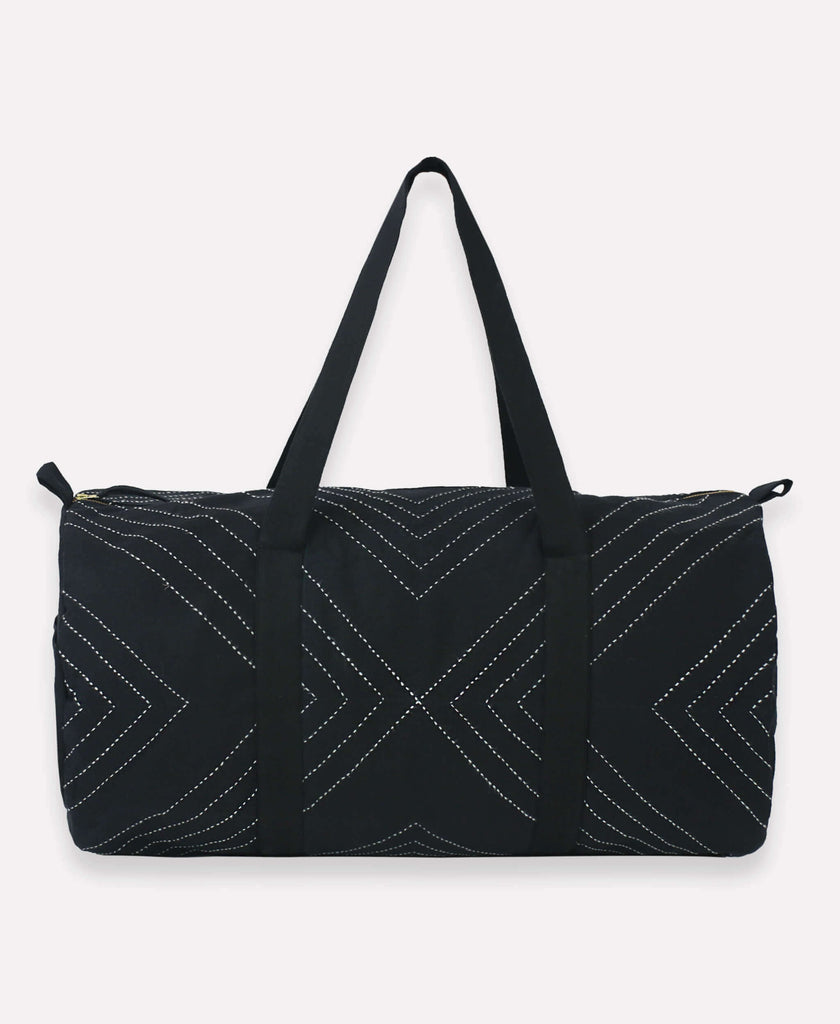 Organic-cotton weekender duffel bag with hand-stitched arrow design