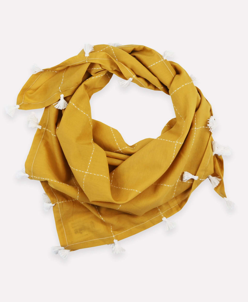 Gold scarf with geometric stitching and white tassels 