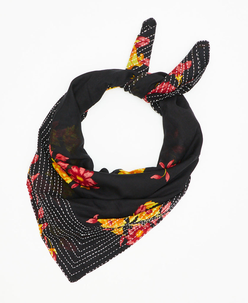 black cotton square scarf with orange and red flowers and white kantha stitching along the edges