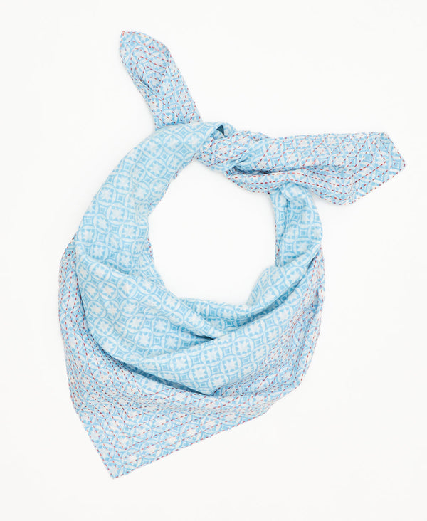 oe-of-a-kind white cotton square scarf with a geometric blue circular pattern and red kantha stitching 